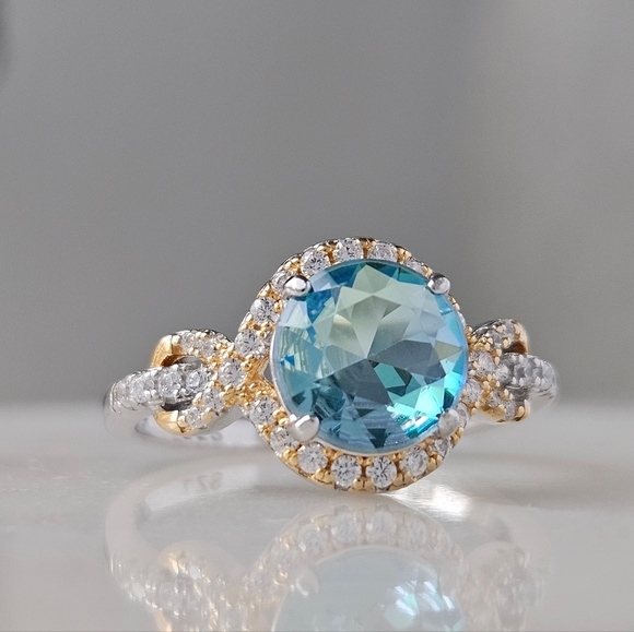 Blue & Teal Aquamarine Round Gemstone Ring, 925 Sterling Silver - Picture 5 of 5